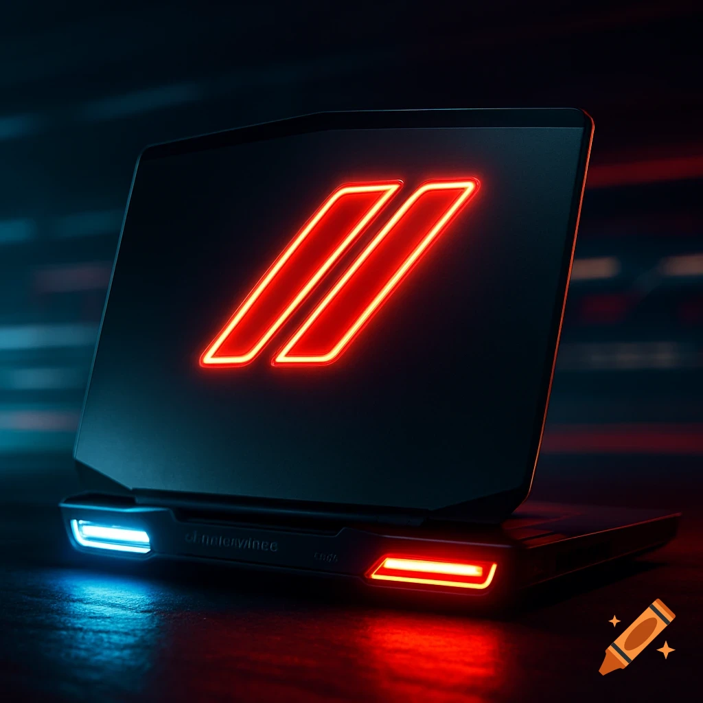 A black gaming laptop with a glowing red Dodge logo on its screen and vibrant red and blue LED lights on its base, against a dark, futuristic background.