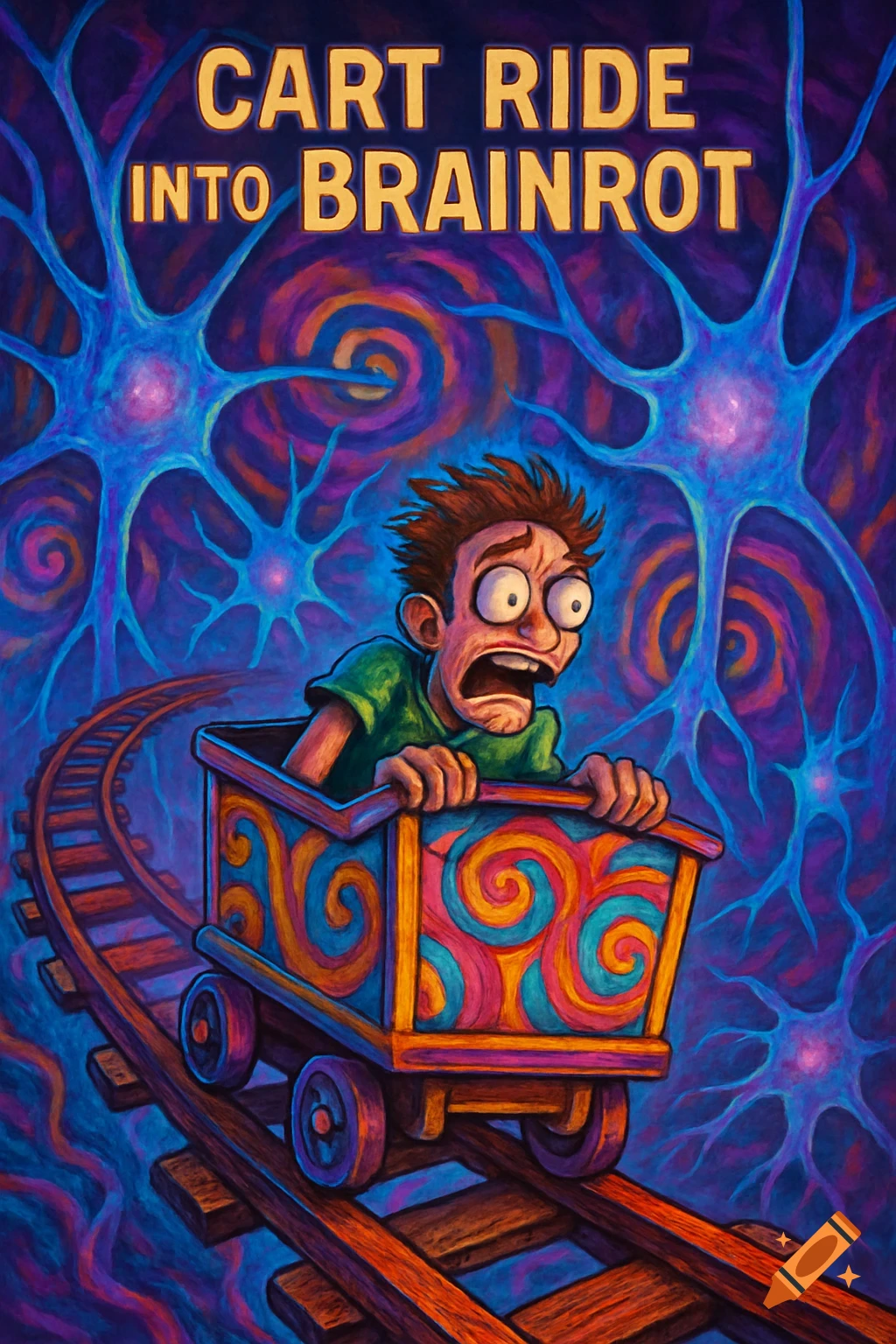 A cartoonish, scared man with wide eyes on a colorful cart on a track, set against a dark, swirling background of glowing blue neurons. Text reads: CART RIDE INTO BRAINROT.