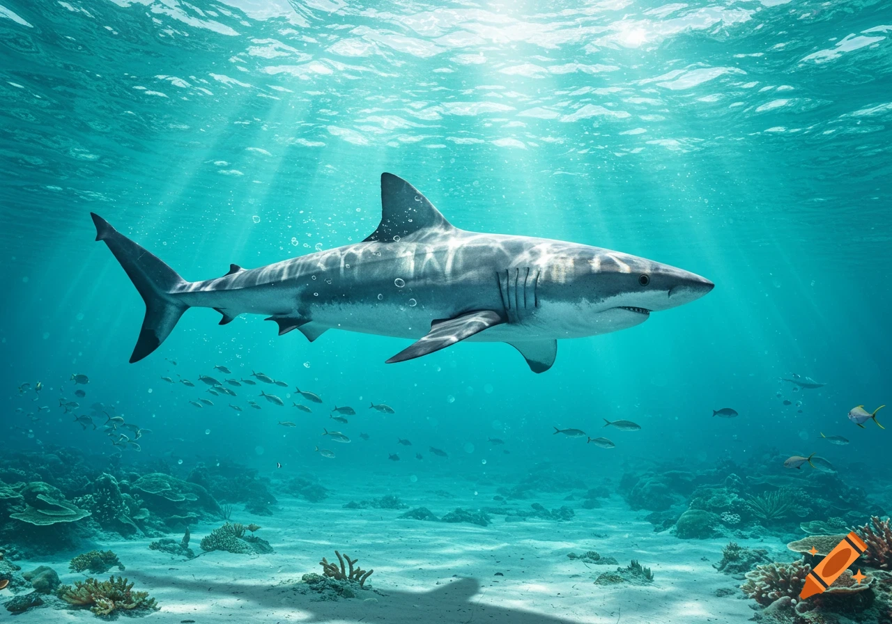Photorealistic great white shark swimming in a sunlit ocean with fish and coral reef below.
