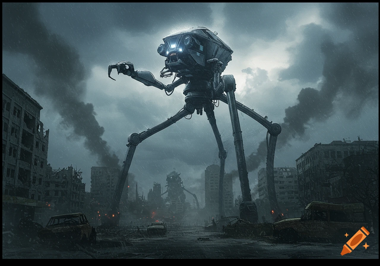 A large alien tripod robot stands in a rain-soaked, destroyed city with smoking ruins under a dark sky.