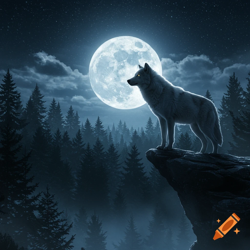 A white wolf with glowing eyes stands on a rocky cliff overlooking a dark pine forest, silhouetted against a large full moon in a starry night sky.