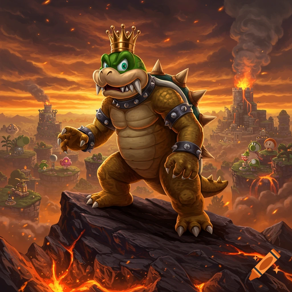 King Koopa (Bowser) with a crown standing on a rocky cliff over lava, with volcanic castles under an orange sky.