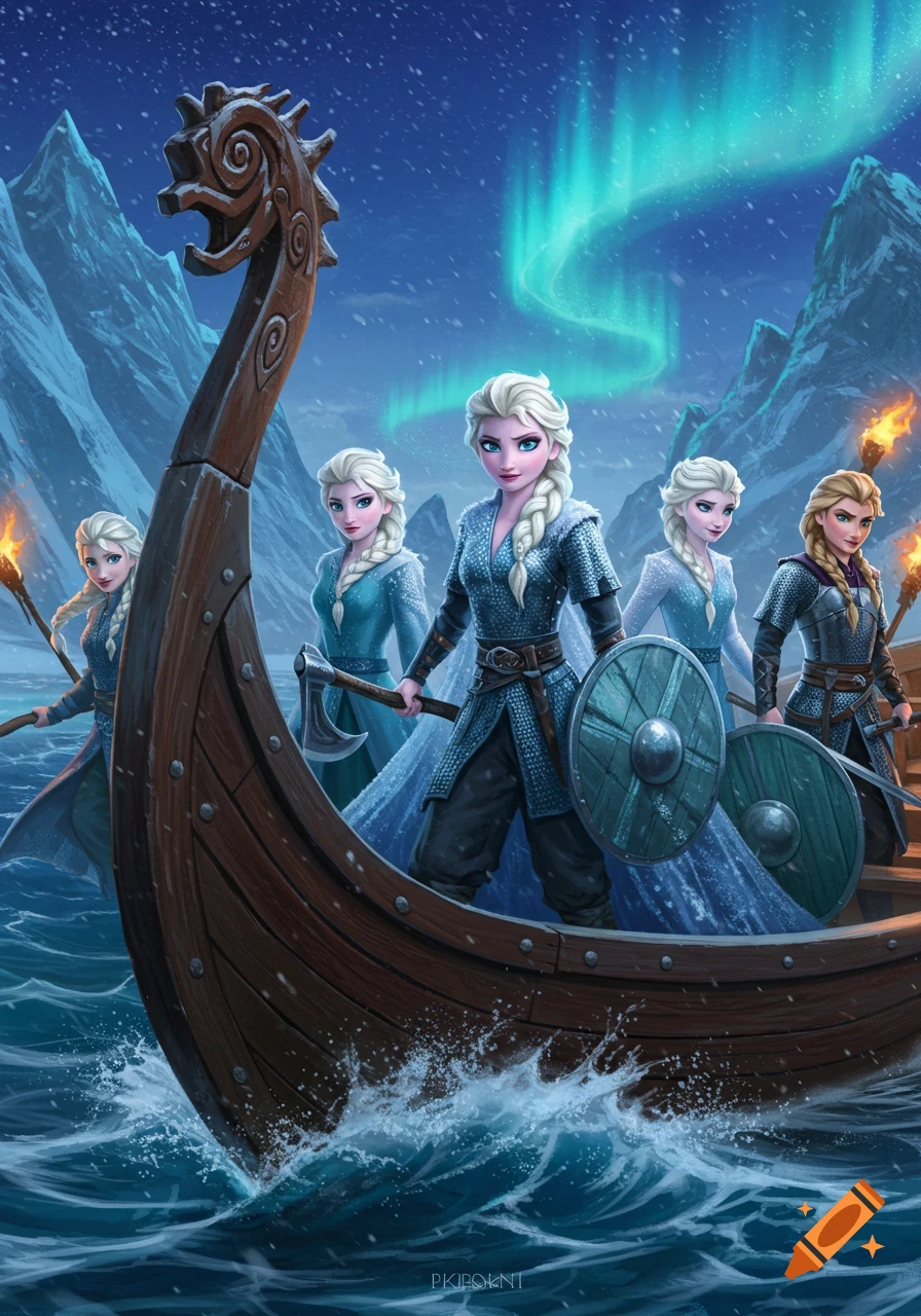 Elsa from Frozen as multiple Viking warriors in a longboat, on rough seas under an aurora-lit sky with mountains.