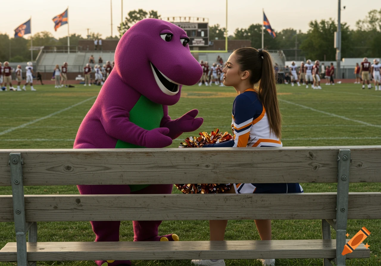 Photorealistic image of a cheerleader in uniform sitting on a bench, facing Barney the dinosaur on a football field during a game.