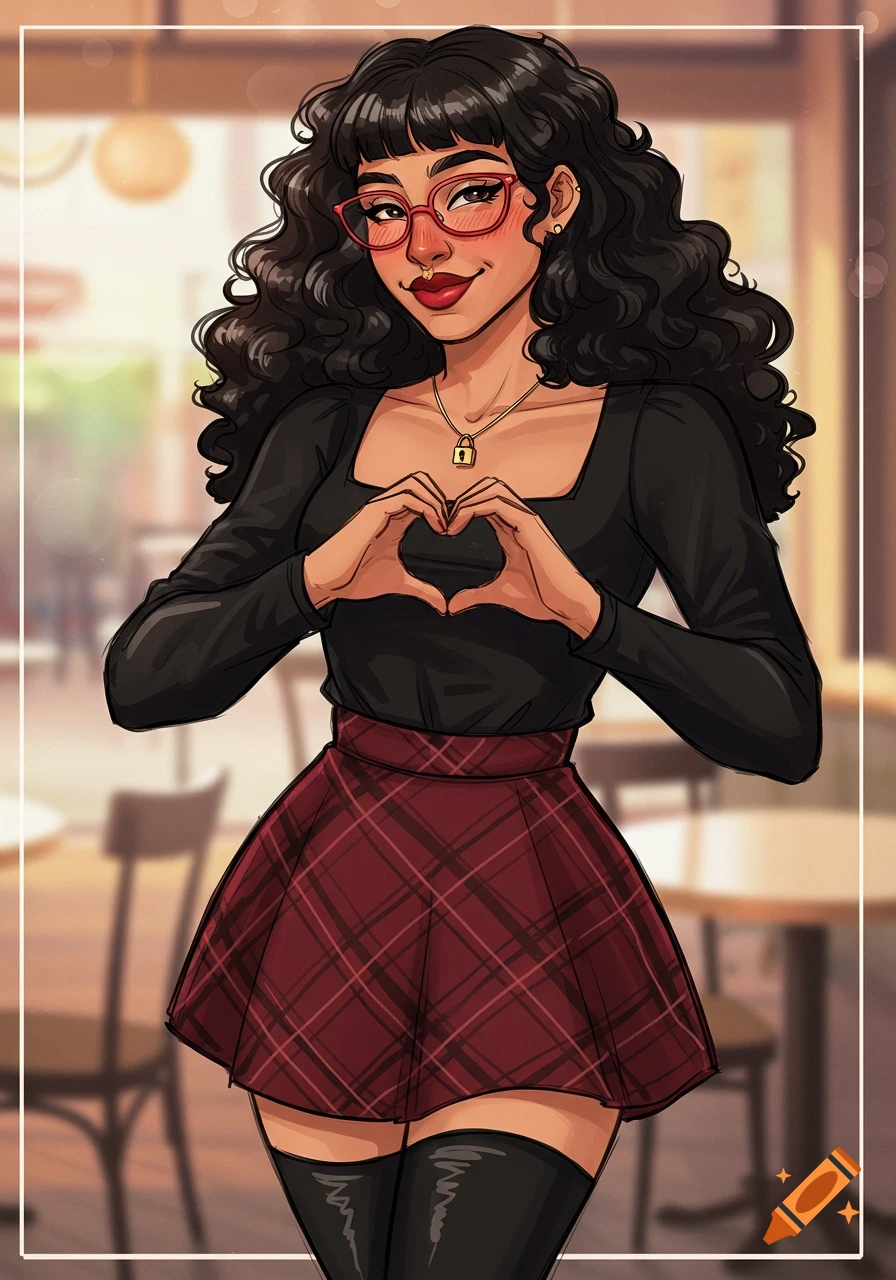 A stylized cartoon woman with curly black hair, red glasses, and a plaid skirt makes a heart shape with her hands.