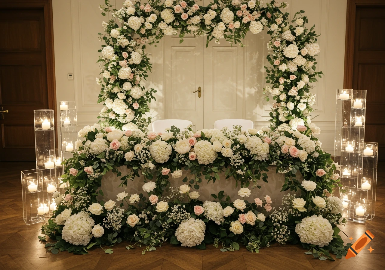 Elegant wedding head table and arch decorated with white, ivory, and blush flowers, greenery, and glowing candles in clear stands.