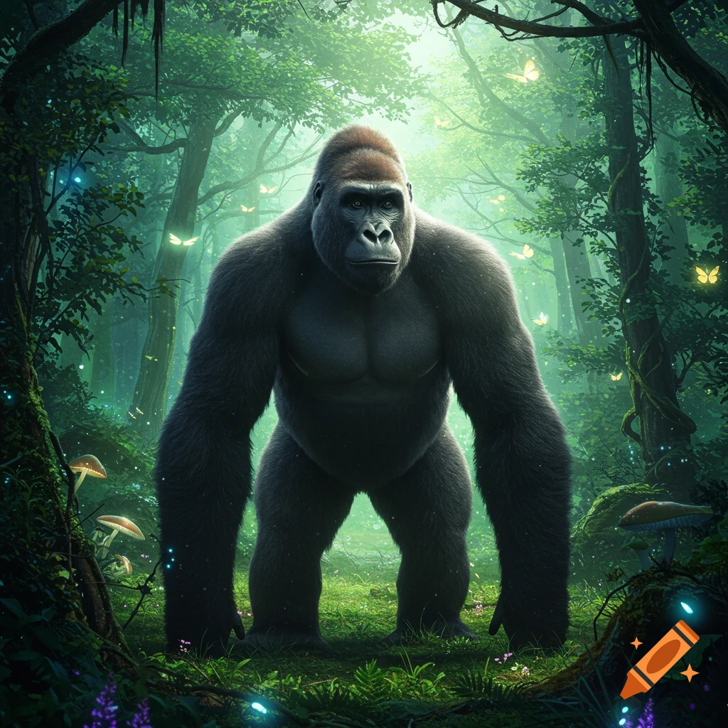 A large, powerful gorilla stands in a lush, luminous jungle with glowing butterflies and mystical plants in a photorealistic style.
