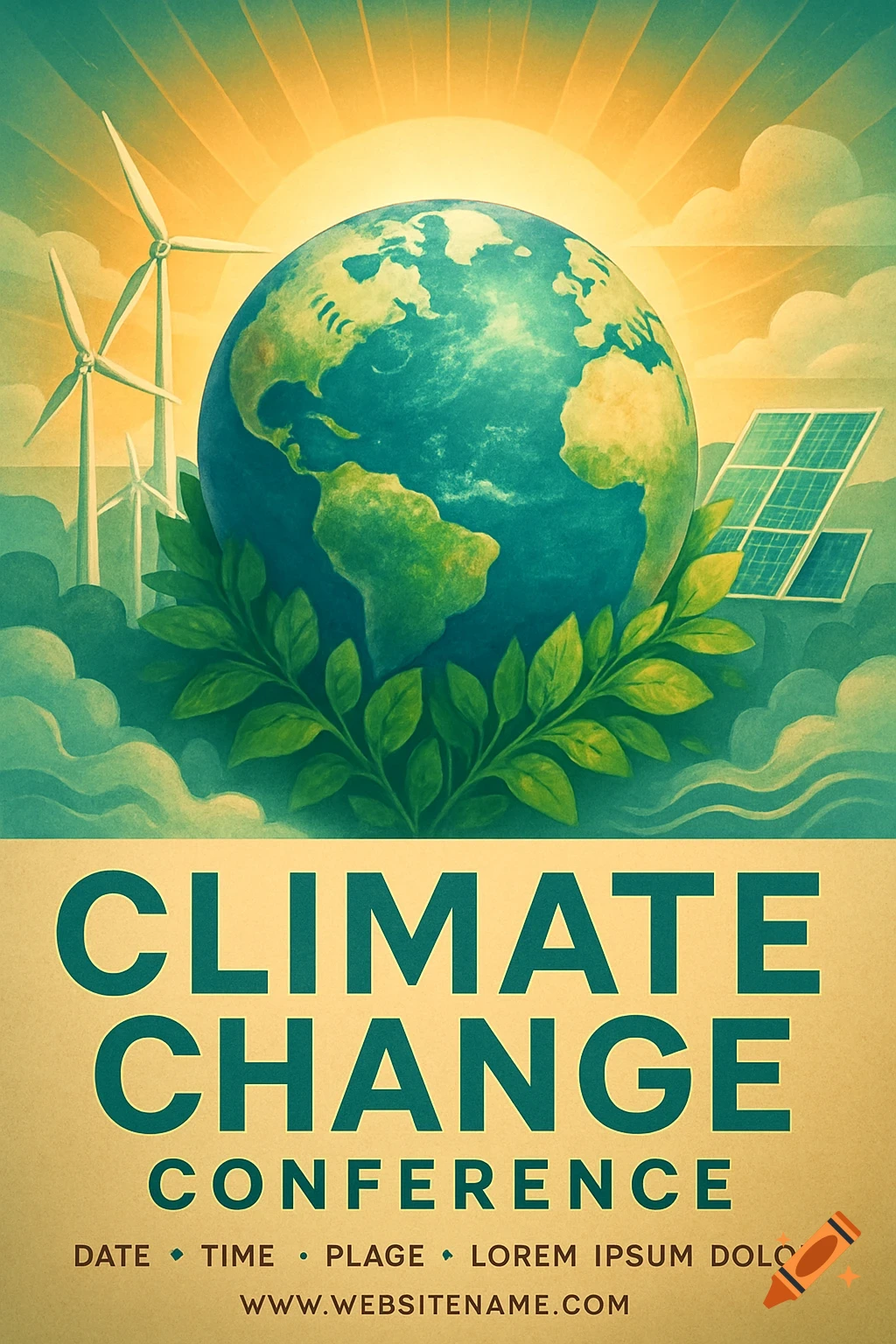 Vintage poster for a climate change conference showing Earth, wind turbines, solar panels, and a bright sun.