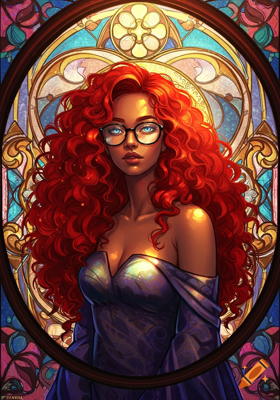 Woman with red curly hair, brown skin, blue eyes, and black glasses in a purple dress, depicted as a stained glass portrait.