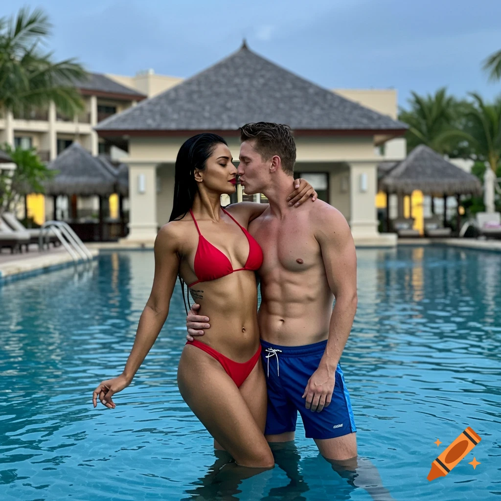 Photorealistic image of a couple in a pool at a luxury resort, about to kiss. The woman wears a red bikini, the man blue shorts.