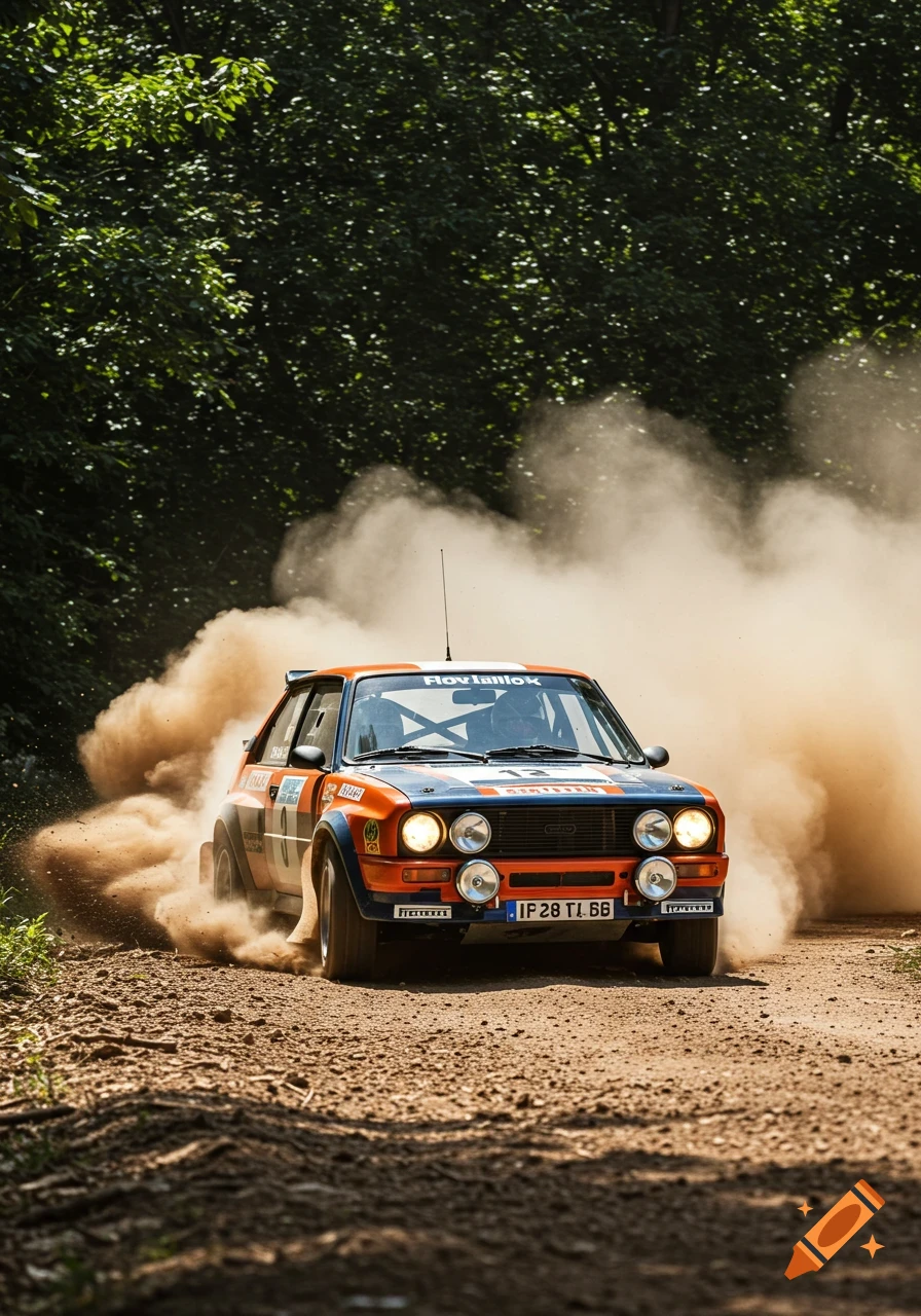 A vintage orange and blue rally car drifts on a dirt track, kicking up a large cloud of dust with green trees in the background.