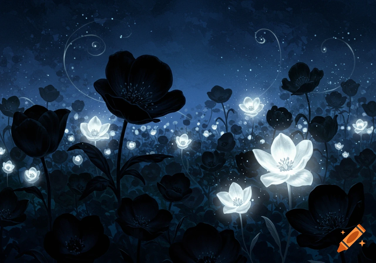 Dark blue and black flowers with luminous white blossoms in a field under a starry night sky, rendered in an illustrative style.