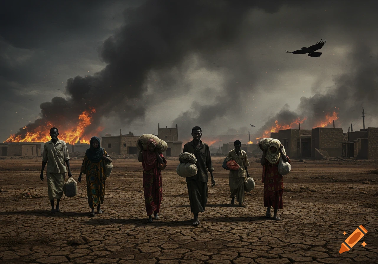 Photorealistic image of displaced people walking away from burning homes under a dark, smoky sky with a crow flying overhead.