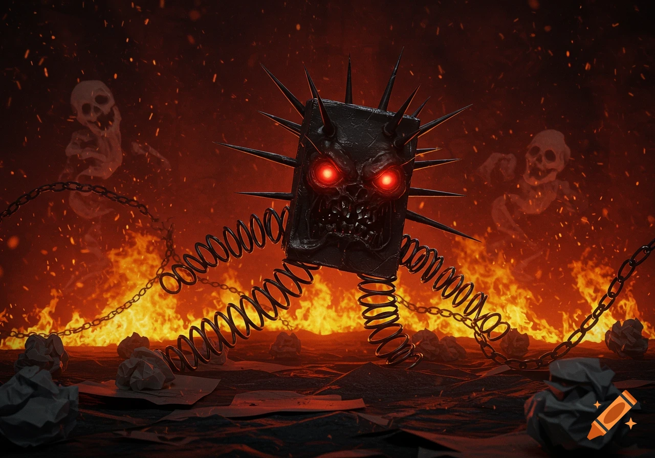 A demonic, spiked book monster with glowing red eyes and spring legs stands in a fiery hellscape with ghostly skulls and chains.