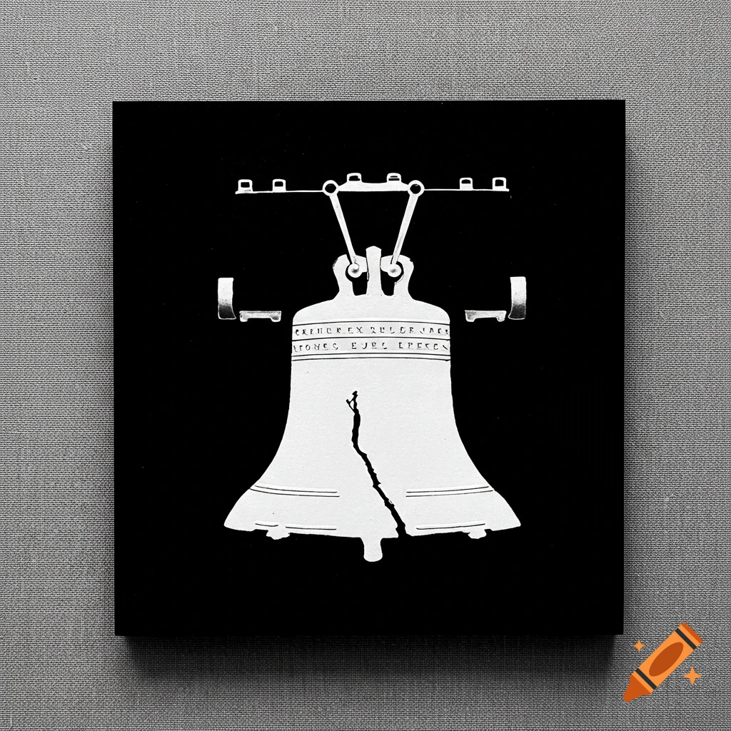 Black and white silhouette of the cracked Liberty Bell on a black square, against a grey textured background.
