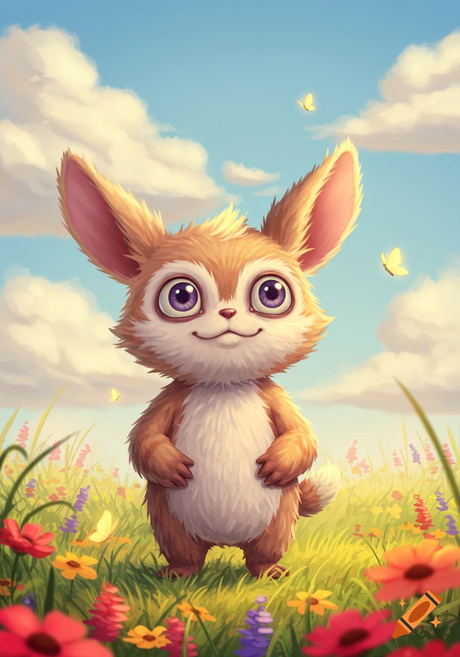 A fluffy, brown, rabbit-like creature with large purple eyes stands in a vibrant field of wildflowers under a blue sky.