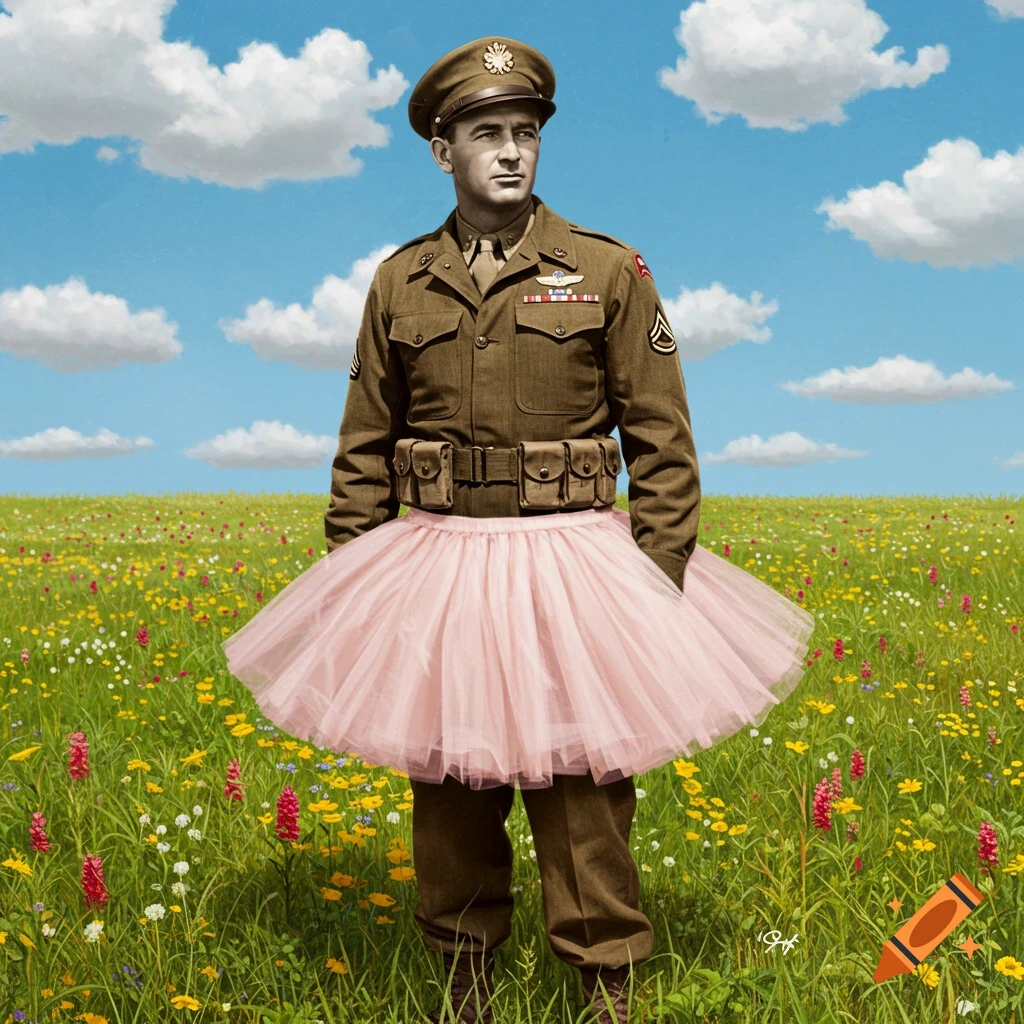 A man in a military uniform and a pink tutu stands in a vibrant green field under a blue sky with clouds. Photorealistic.