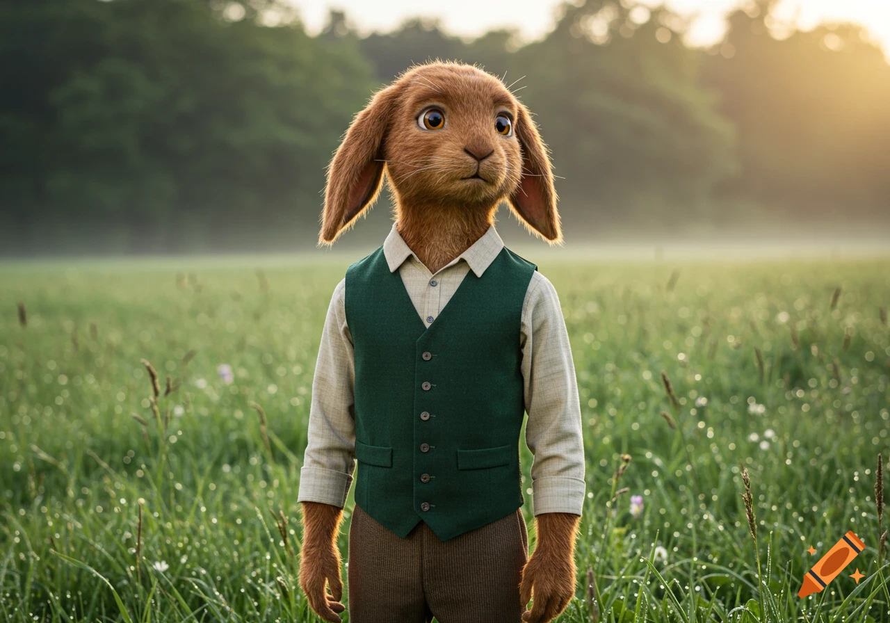 A hyperrealistic brown anthropomorphic male rabbit wearing a green vest and collared shirt stands in a misty green field at sunrise.