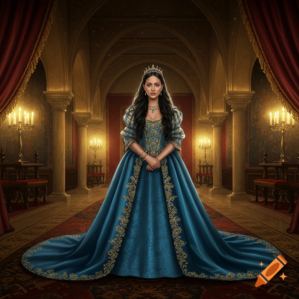 A queen in a blue and gold ornate gown stands regally in a grand palace hall, wearing a crown.