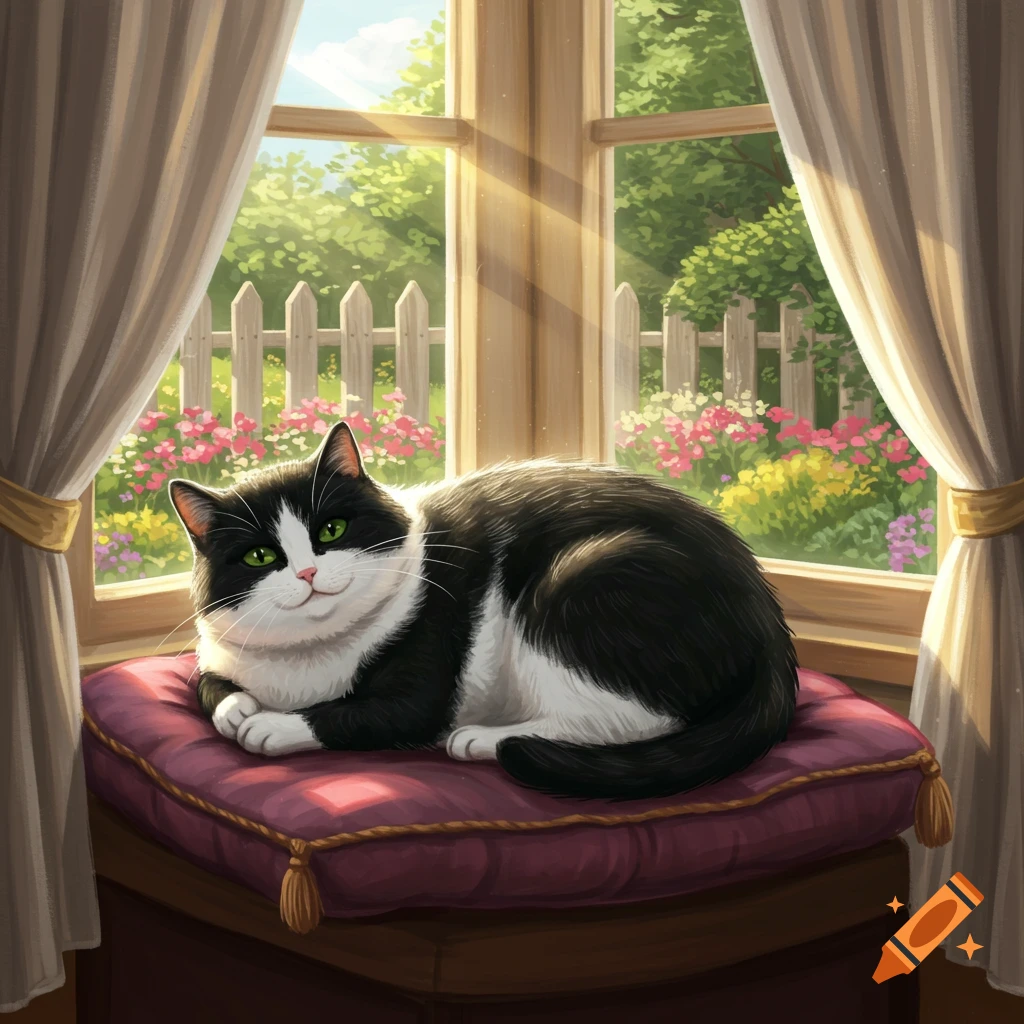 A chubby black and white cat with green eyes rests on a purple cushion by a window overlooking a sunny garden.