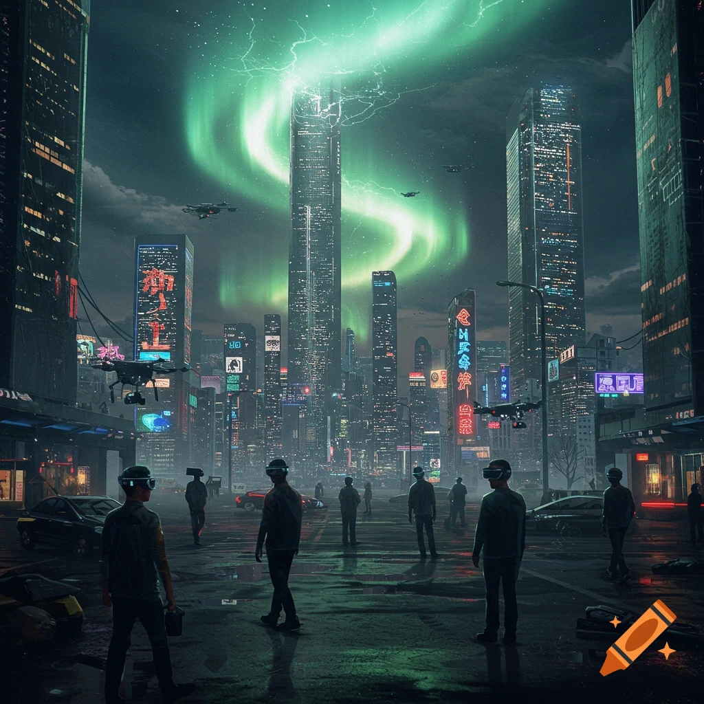 A dark cyberpunk cityscape at night with a vibrant green aurora, towering skyscrapers, glowing neon signs, flying drones, and people wearing VR headsets on wet streets.