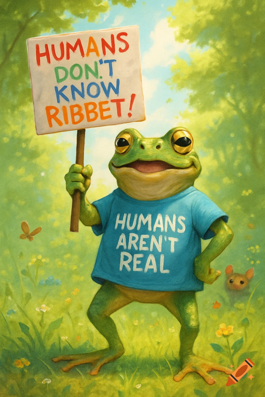 A cartoon frog wearing a blue t-shirt that says "HUMANS AREN'T REAL" holds a picket sign reading "HUMANS DON'T KNOW RIBBET!" in a grassy, sunlit field.