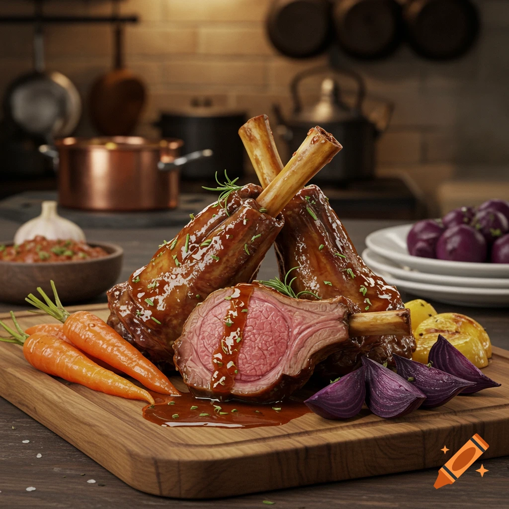 Photorealistic image of two glazed lamb shanks and a raw lamb chop on a cutting board with carrots and red onions in a kitchen.