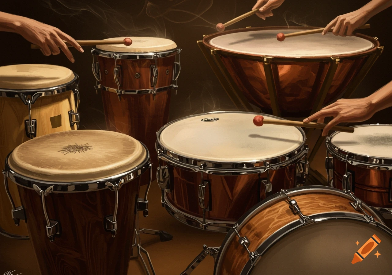 Realistic illustration of multiple hands playing a collection of percussion instruments, including drums, congas, and a timpani.