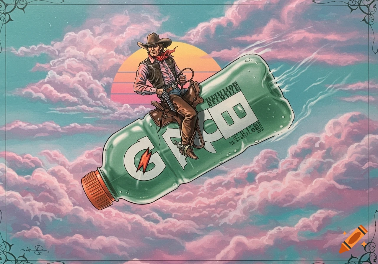 A serious cowboy rides a giant Gatorade bottle like a bucking bull through pastel clouds, in a retro airbrushed illustration style.