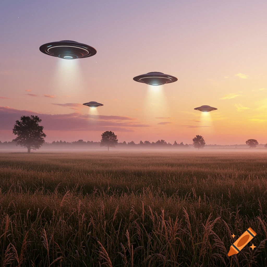 Several flying saucers hover over a misty field with distant trees and a colorful sunset sky.