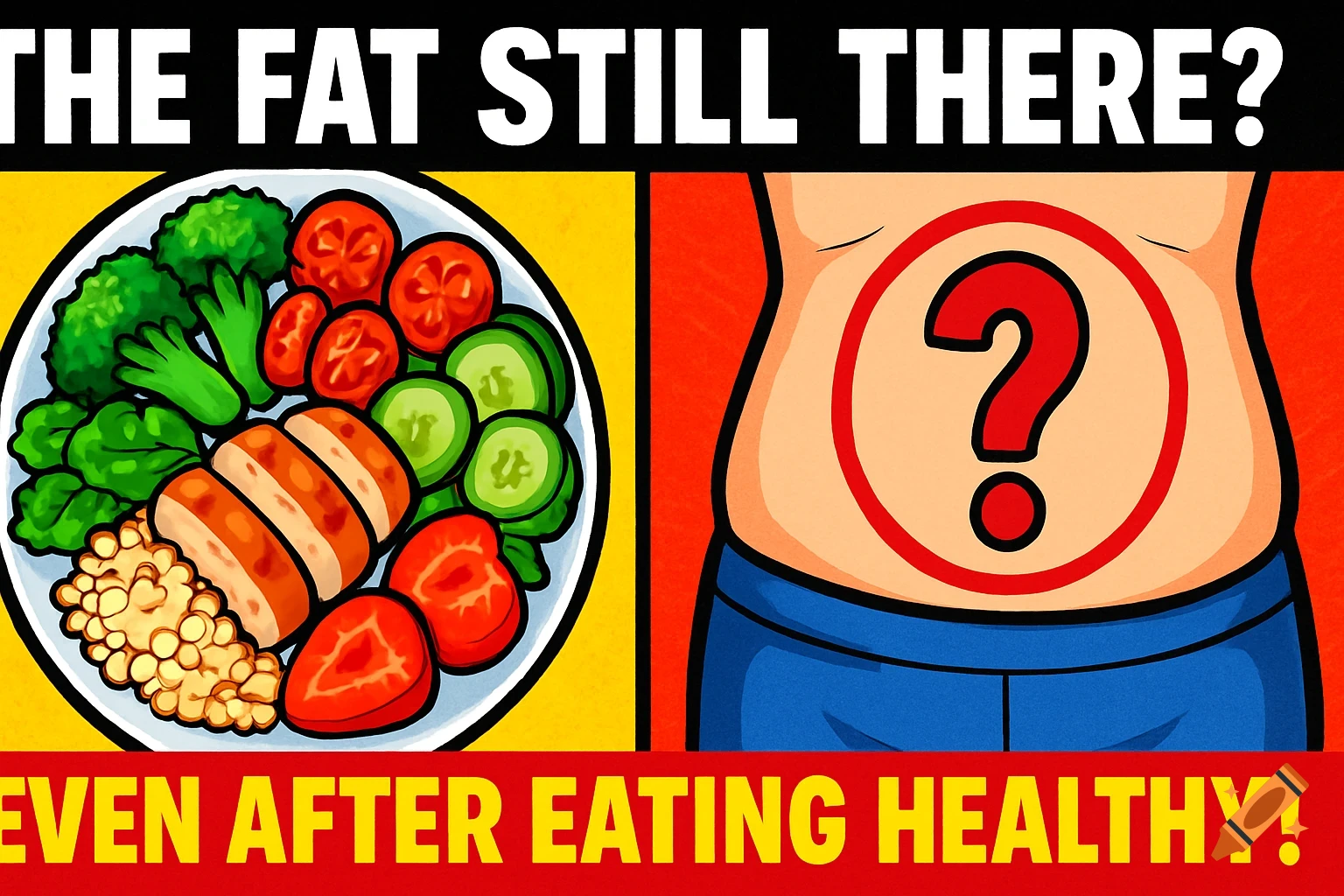 Cartoon YouTube thumbnail. Left: plate with healthy food. Right: human midsection with red question mark. Text: 'The Fat Still There? Even After Eating Healthy!'.