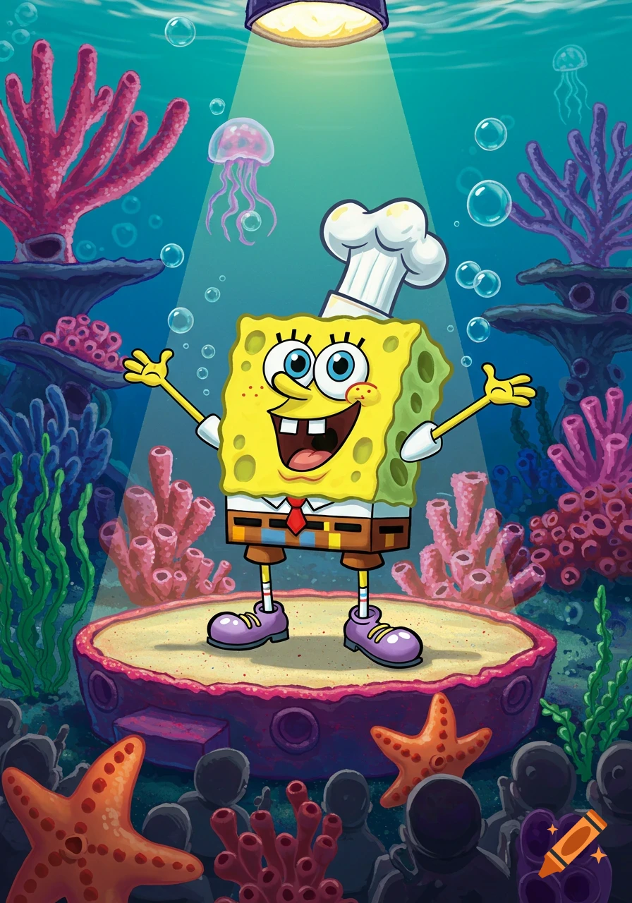 Spongebob Squarepants in a chef's hat on an underwater stage, illuminated by a spotlight, surrounded by coral and audience.