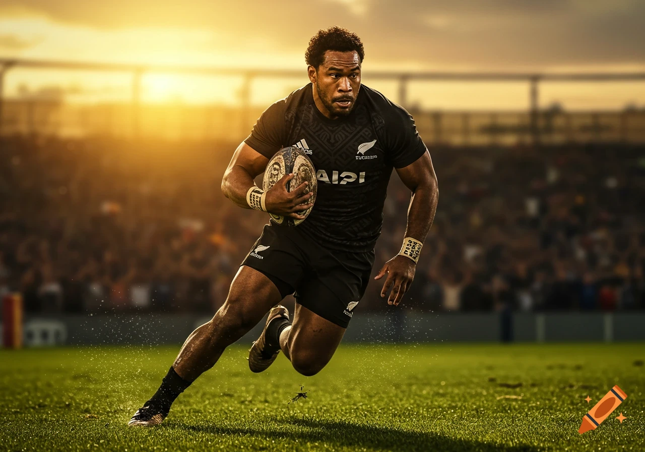 A powerful Fijian rugby player in an all-black kit runs across a grassy field with a rugby ball at sunset.