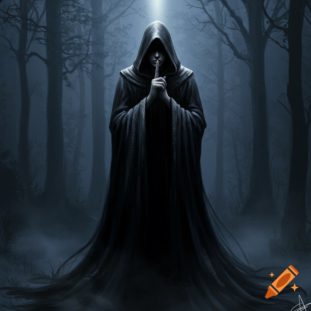 A dark cloaked figure with a hidden face, illuminated by a faint light, shushes the viewer in a spooky forest.