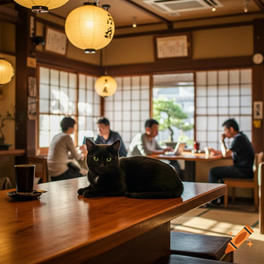 A black cat with green eyes lies on a wooden table in a traditional Japanese cafe with blurry people in the background.