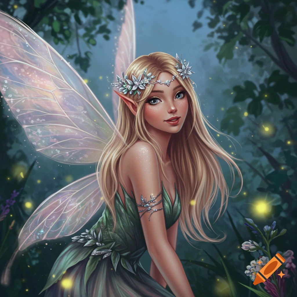 A pretty blonde fairy with large translucent wings and a leafy green dress sits in a magical forest with fireflies, in an illustrative style.