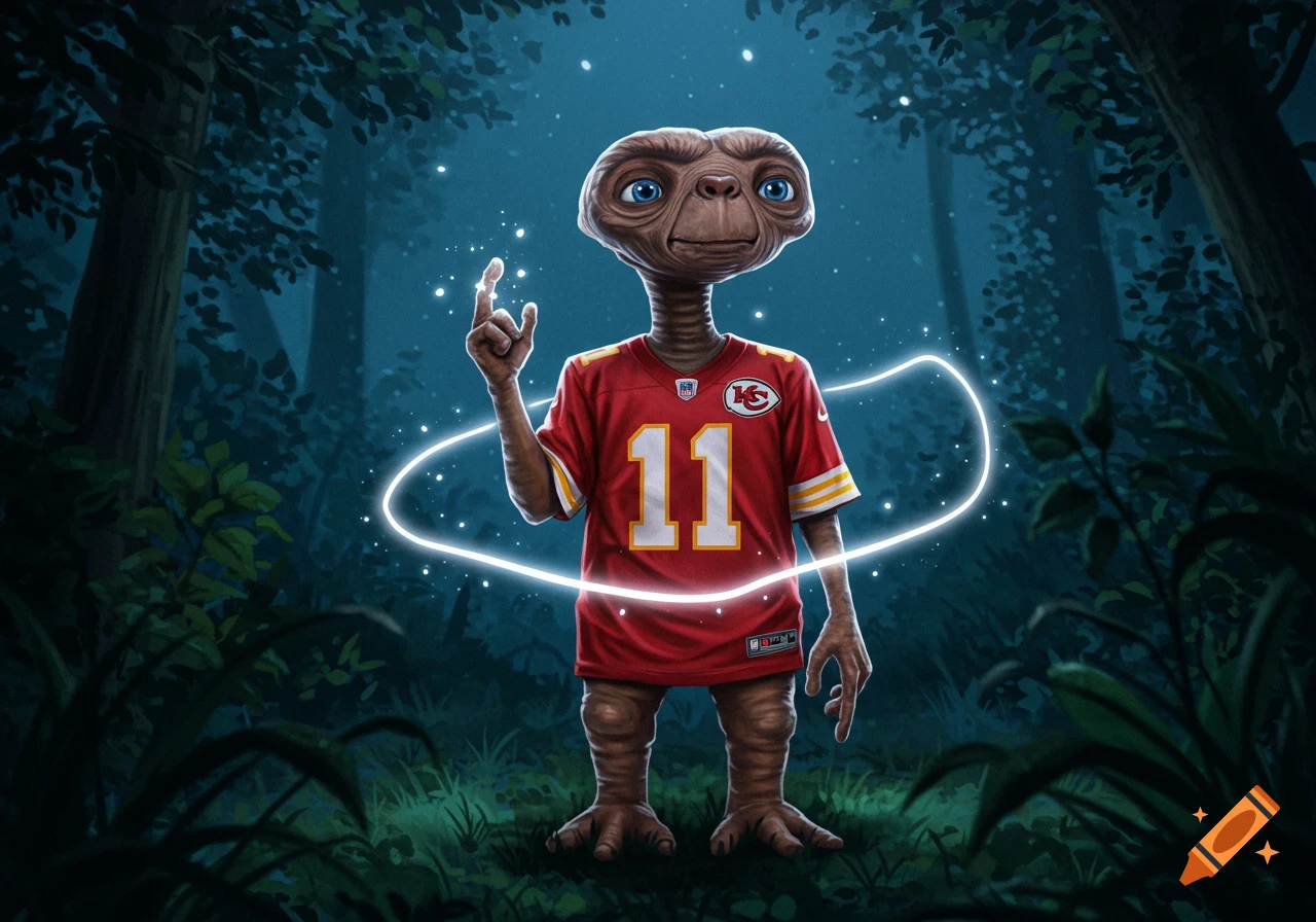 E.T. standing in a dark forest, wearing a red Kansas City Chiefs NFL jersey with the number '11', surrounded by a glowing white line.