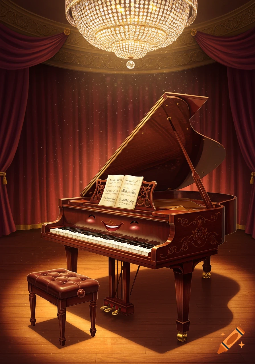 A smiling grand piano with sheet music and a bench on a wooden stage with red curtains and a sparkling chandelier, digital art.
