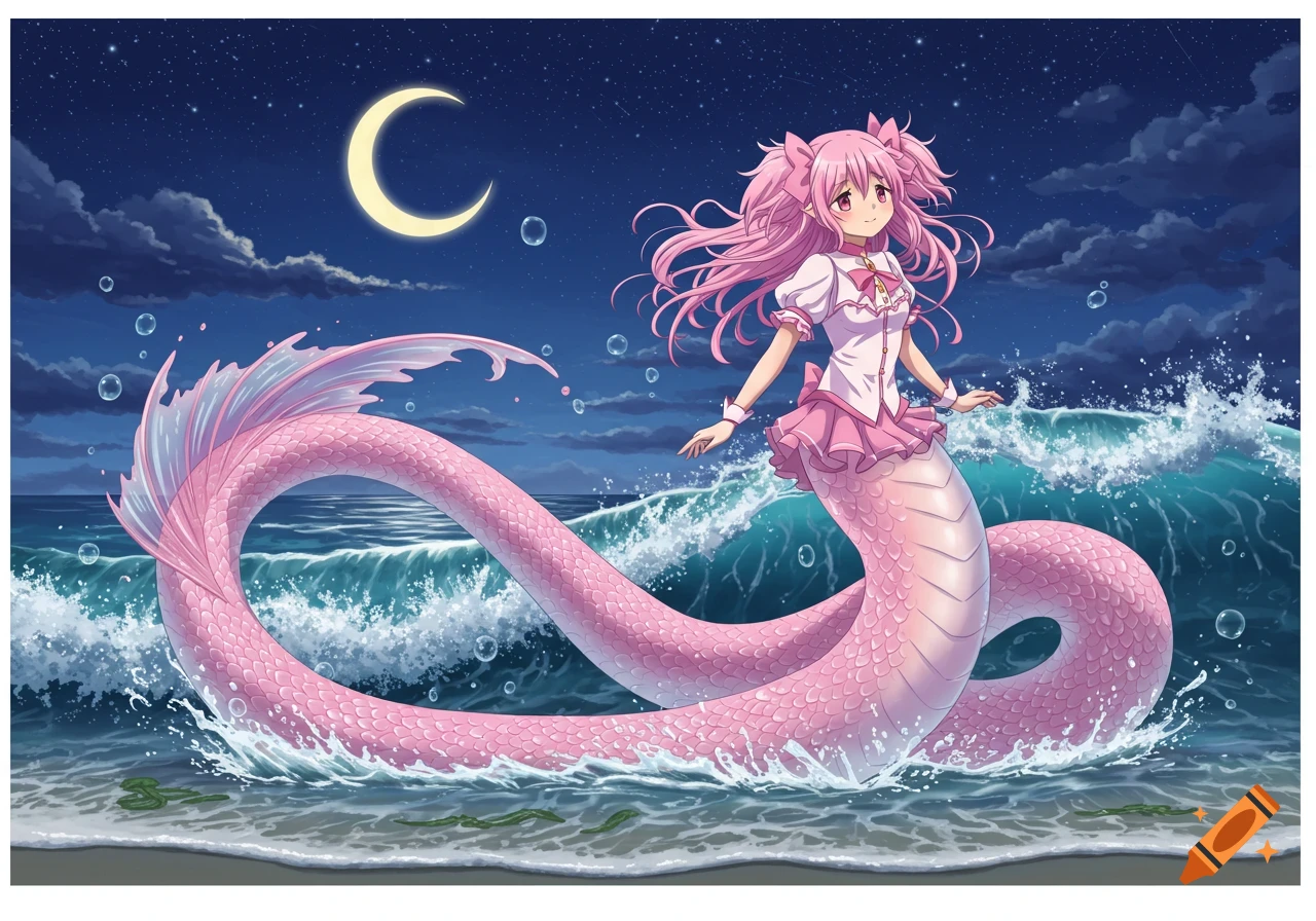 Anime-style Madoka Kaname as a pink lamia stands in the ocean at night under a crescent moon.