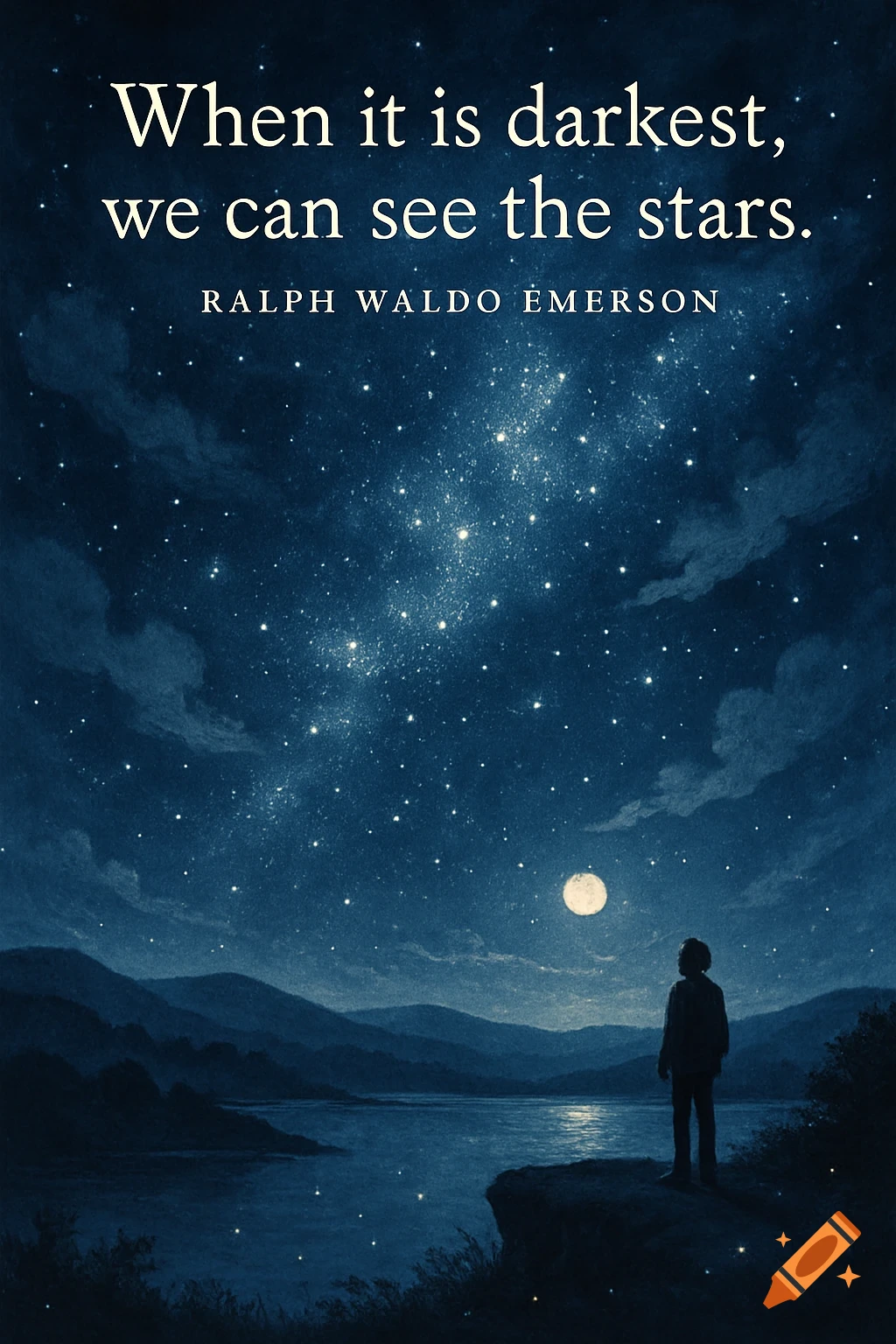 A person stands by a lake, looking at a brilliant star-filled night sky with a full moon and distant mountains. An inspirational quote is at the top.