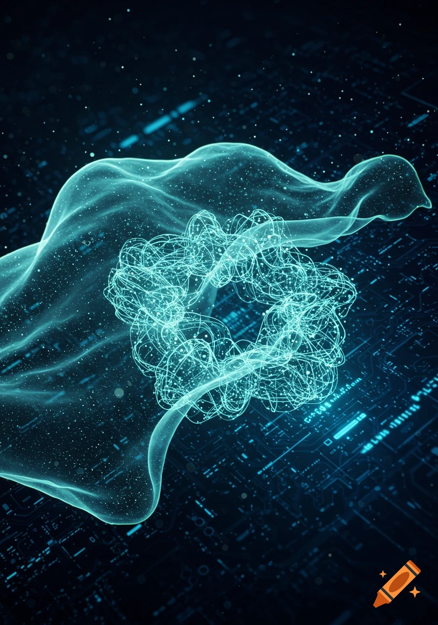 Abstract glowing blue organic and wireframe forms floating over a circuit board background, resembling data or an algorithm.