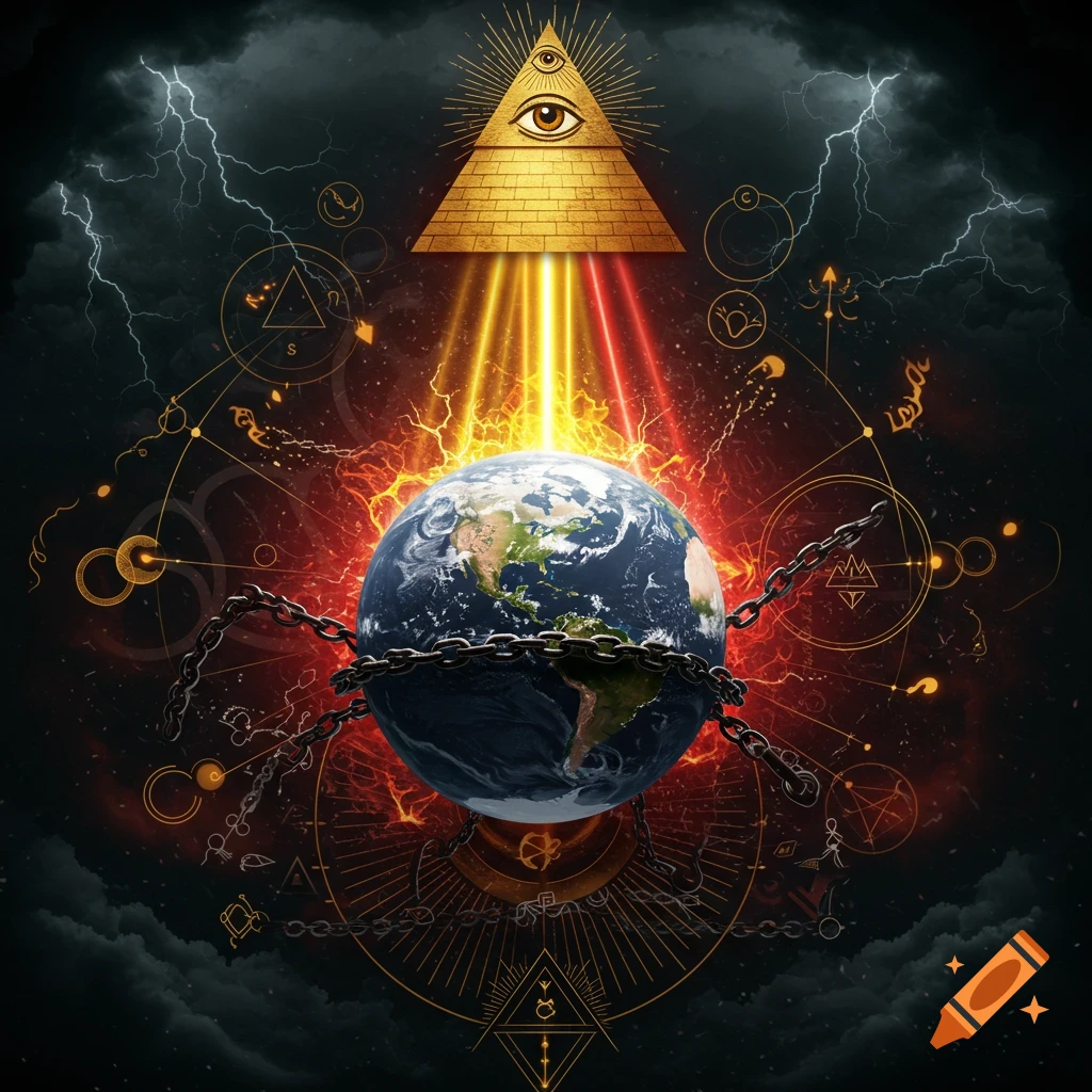 A dark symbolic image with a golden pyramid and all-seeing eye above Earth, wrapped in chains, surrounded by flames and occult symbols.