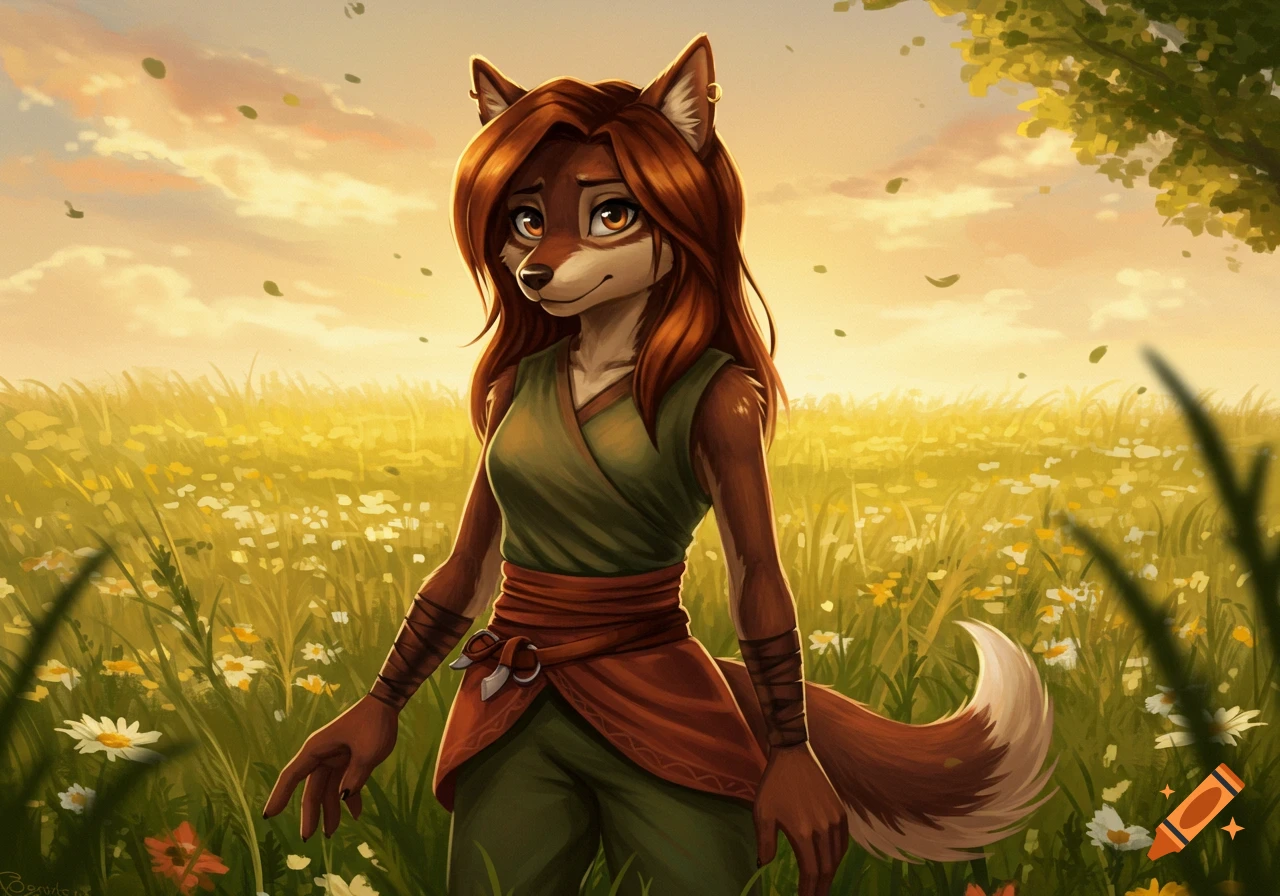 An anthropomorphic fox-like character with long brown hair and a green outfit stands in a sunlit field of wildflowers.