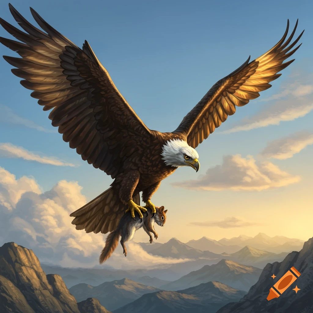 A majestic bald eagle soars through a sunny, cloudy sky above mountain ranges, carrying a small, dead squirrel in its talons.