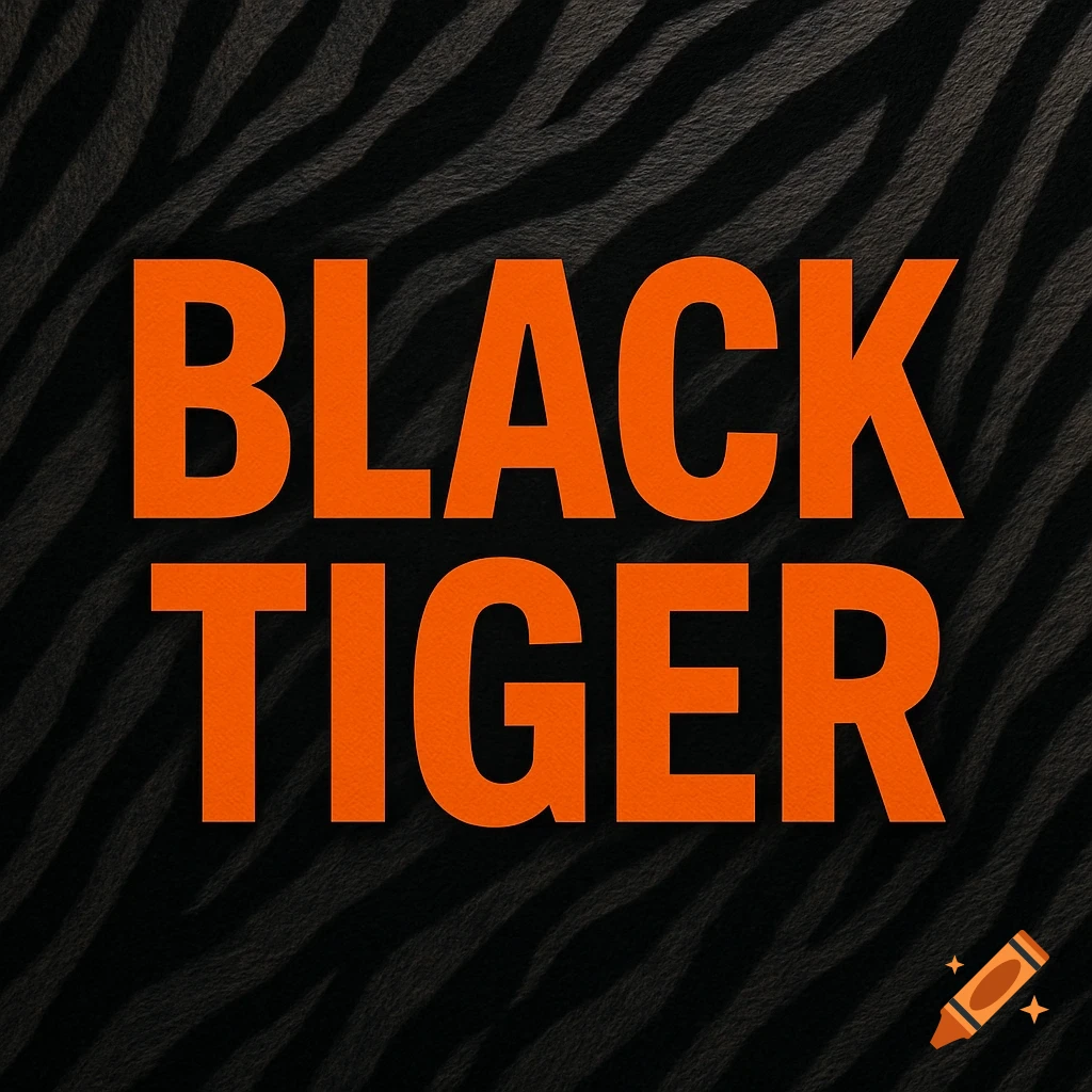 Orange text 'BLACK TIGER' prominently displayed on a black background with subtle, textured tiger stripes.