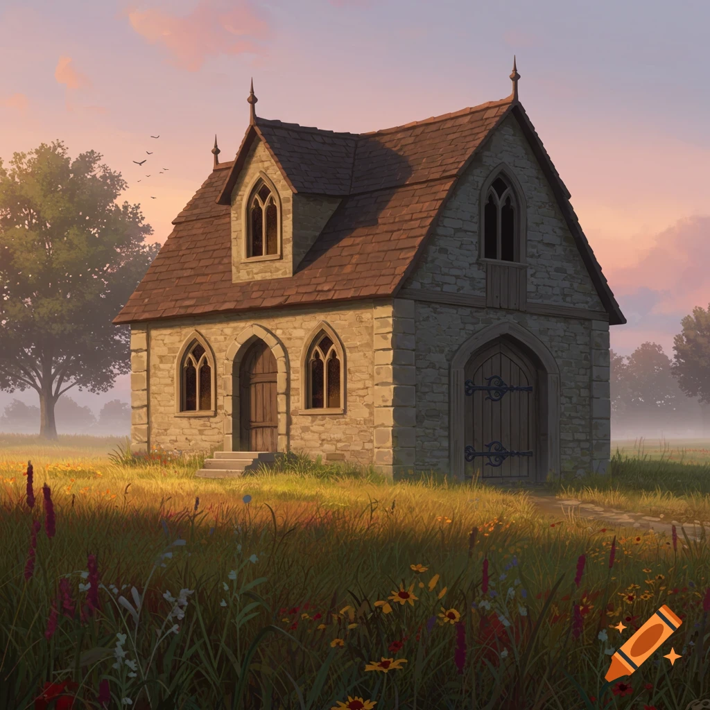A quaint stone house with gothic arched windows and a brown roof sits in a vibrant wildflower field at sunset, with trees in the misty background.
