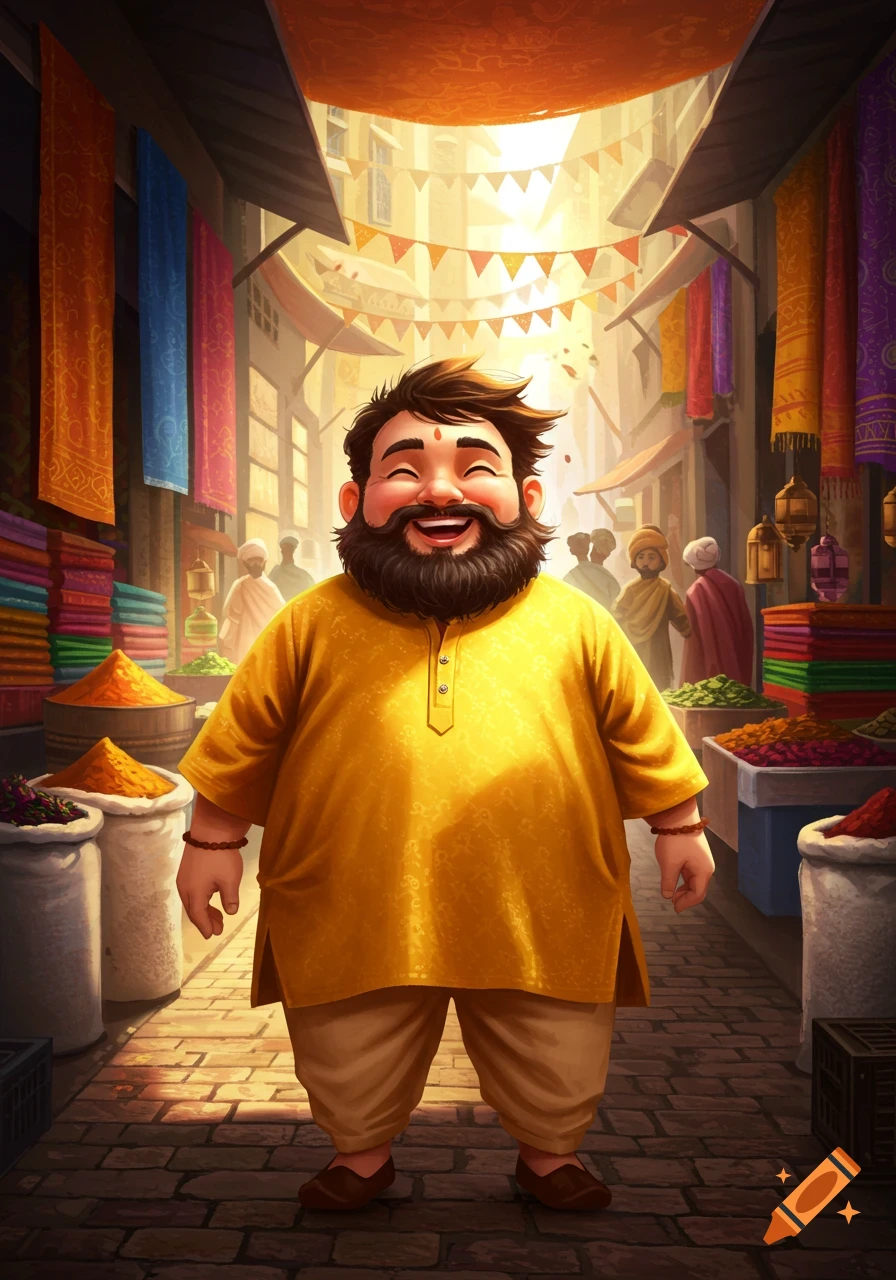 A smiling, bearded man in a yellow kurta stands happily in a vibrant, bustling market with colorful textiles and spices.