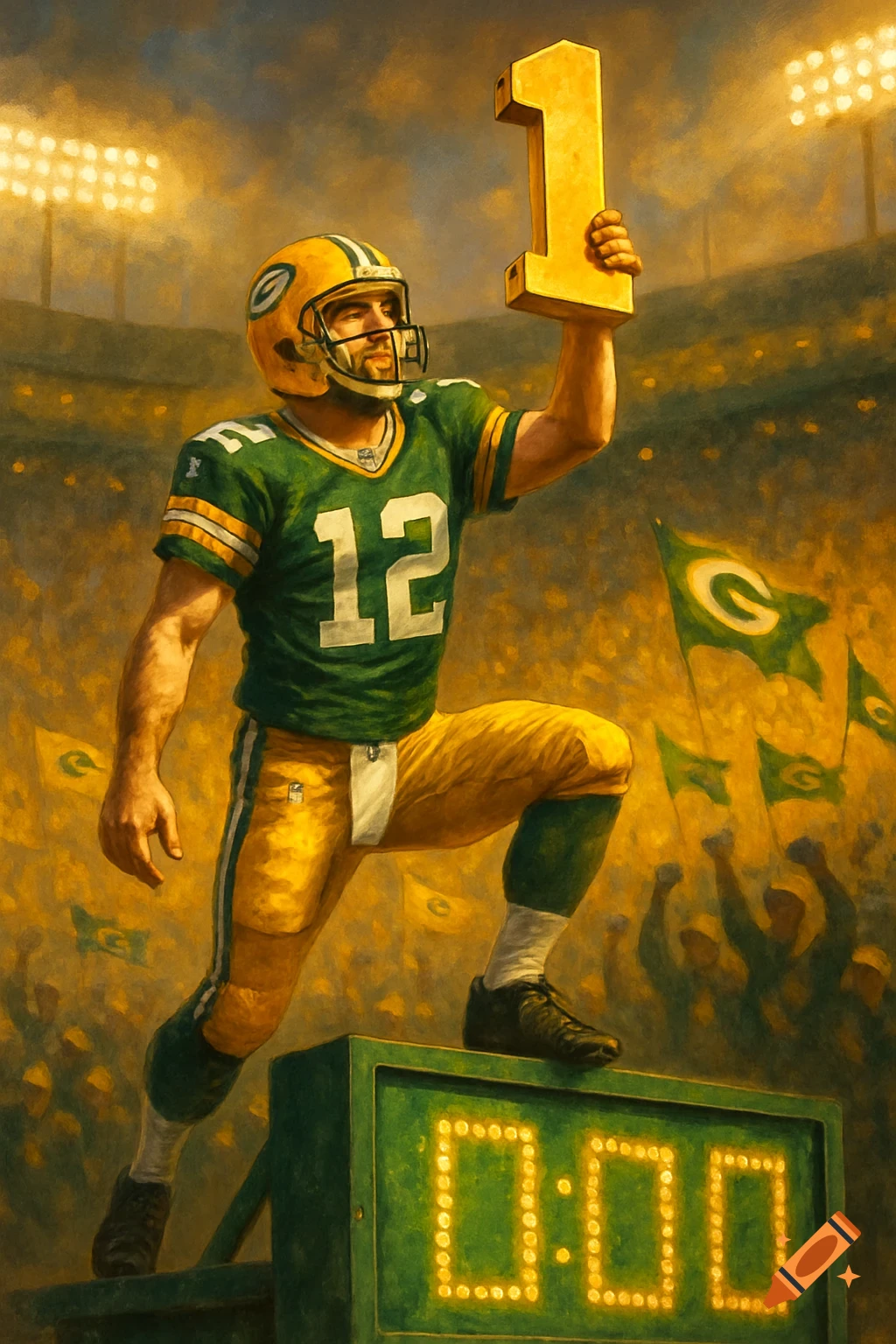 Painterly illustration of a Green Bay Packers player, number 12, standing on a scoreboard reading 0:00, holding up a golden '1' in a stadium.