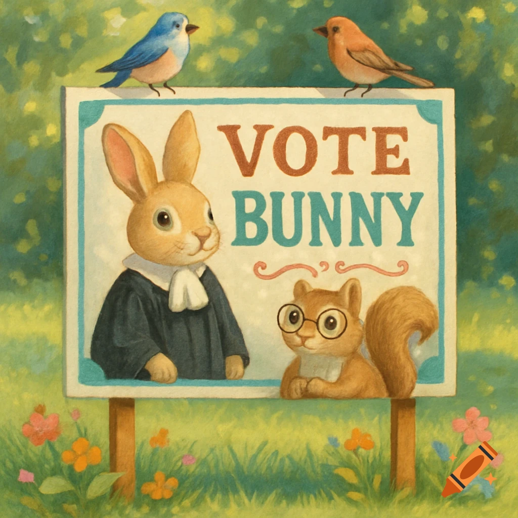 Whimsical illustration of a bunny in a judge's robe and a squirrel with glasses by a 'VOTE BUNNY' sign, with birds perched on top, in a grassy field.