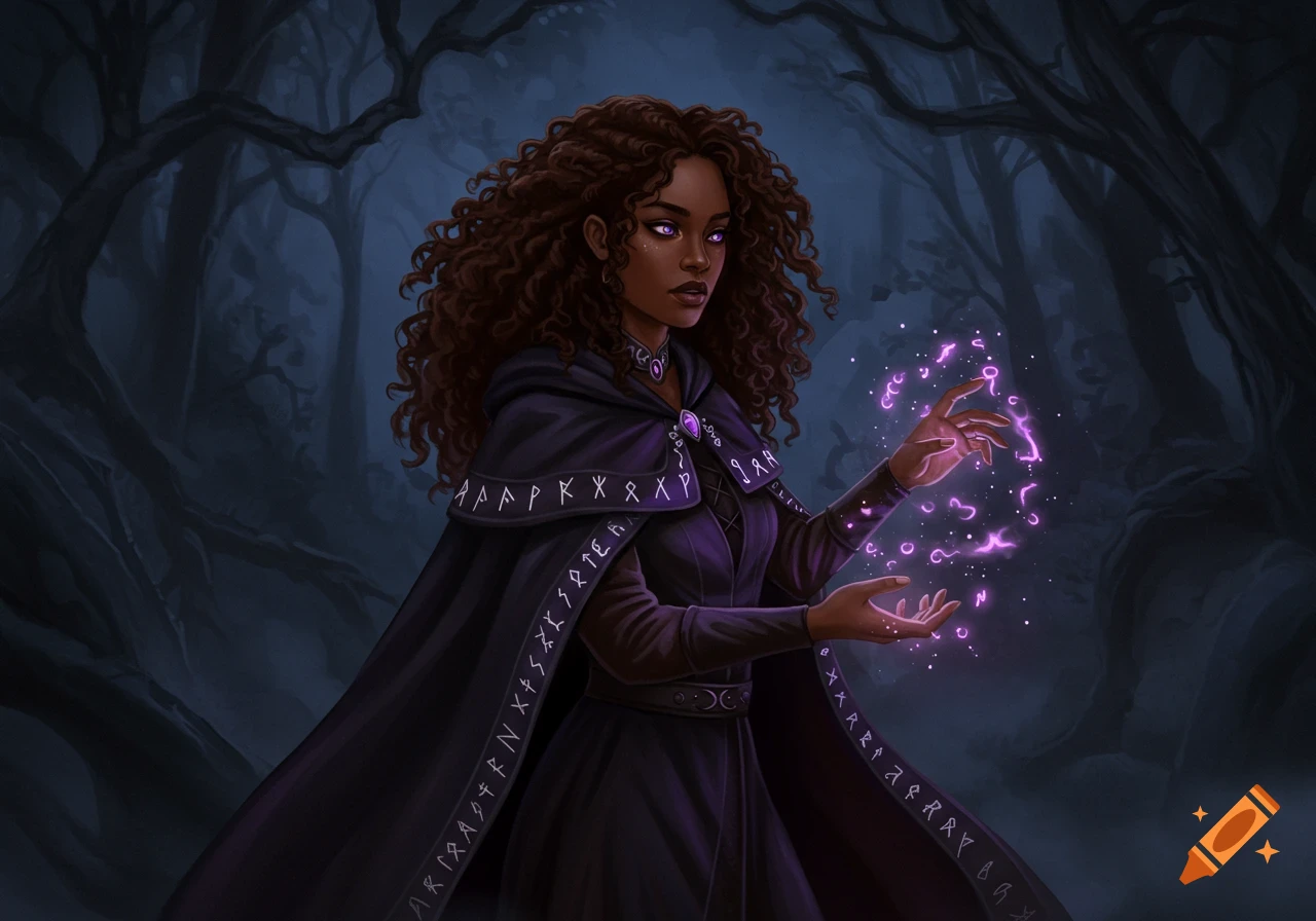 A dark-skinned woman with curly brown hair and glowing purple eyes wears a black cloak with runes, casting purple magic in a dark, misty forest.